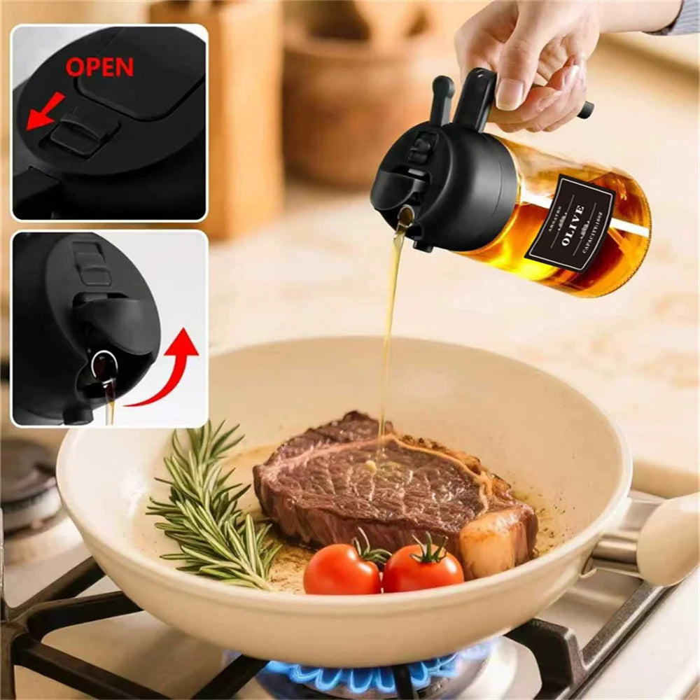 Oil Sprayer for Cooking, Kitchen 2 in 1 Spray and Pour Olive Oil Dispenser with Stickers,470ML Glass Oil Spray Bottle